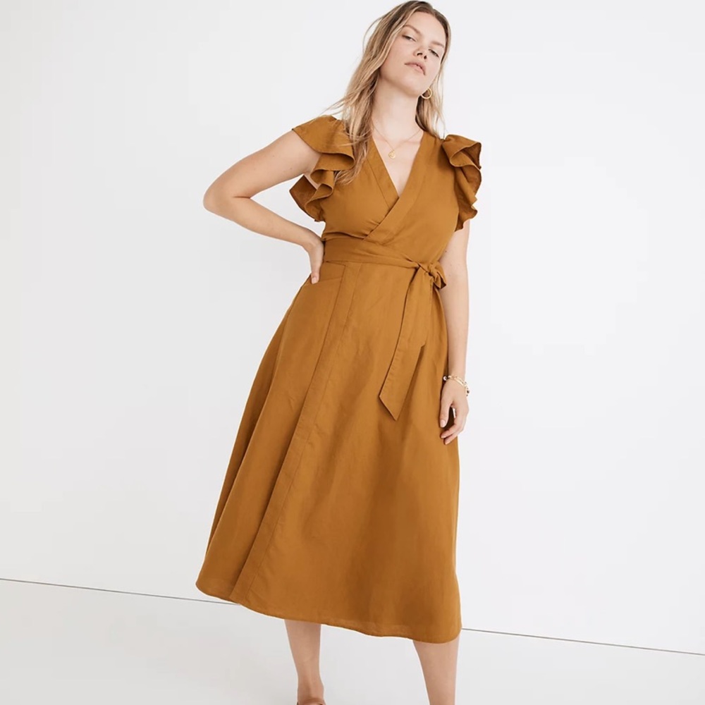 NWT-Madewell Linen-Blend Ruffle-Sleeve Wrap Midi Dress